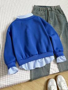 青少年女孩运动衫，休闲学院风百搭，二合一运动衫衬衫领数字和字母印花豹纹宽松