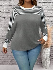 EMERY ROSE Plus Size Casual Loose Fit Round Neck Striped Batwing Long Sleeve T-Shirt - Grey - View 6