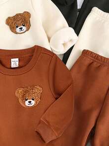 SHEIN Bộ 6 món/Bộ đồ thể thao cho bé trai/bé gái thường ngày dễ thương hình gấu & sọc kaki, quần nỉ và áo nỉ, quần áo trẻ em unisex, quần áo mùa đông cho bé - Nhiều màu - Xem 6