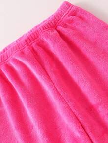SHEIN Girls' White Plush Violet Tulip Embroidered Bow Blouse, Minimalist Fuchsia Plush Pants, 2 Pieces Sleepwear Set, Suitable For Home & Sleep - Hot Pink - View 6
