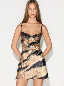 KIZN Satin Tiger Print Lace Trim Mini Dress Bodycon Cocktail Party Cami Slip Dress