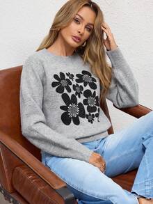 Shutterstock Glamance Women's Gray Knitted Long Sleeve Crew Neck Floral Graphic Casual Solid Color Blouse, Suitable For Outdoor, Office, Business, Commute, Travel, Airport, Street, Formal Occasions In Autumn/Winter Jumper For Woman Sweater For Women Pullover For Women Grey Sweater Floral Print Sweater Chic Stylish Clothing Collection Women Sweater Women Sweaters Cute Sweater - Grey - View 4