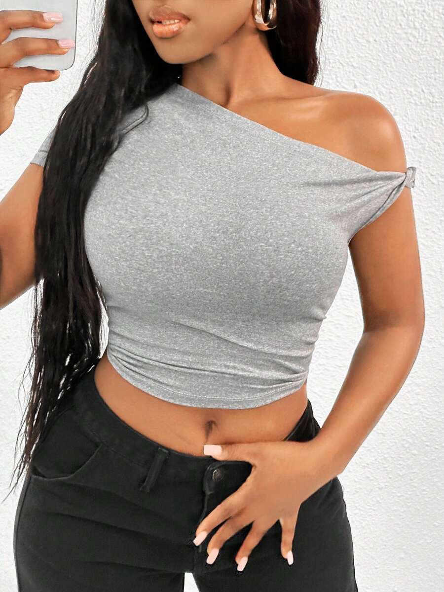 SHEIN SXY 2 件女式纯色不对称领口褶饰短袖 T 恤套装不对称上衣 - 彩色 - 查看 1