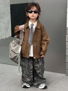 DAZY Young Boy Retro Casual Brown Jacket, Autumn