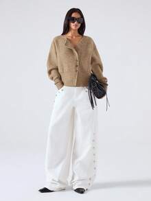 LYSMO Áo khoác len cardigan tay dài, cài khuy đơn, màu kaki thường ngày, trễ vai, màu kaki ngắn, cài nút mùa thu, áo len cardigan cài nút - Màu Khaki - Xem 5