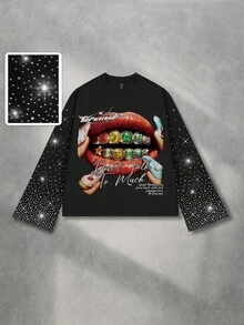 ROMWE MEN Street Life Men's Sparkling Diamond Print Loose Cropped Long Sleeve T-Shirt - Black - View 1
