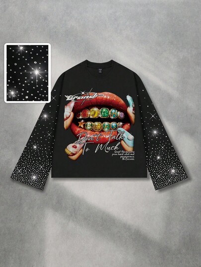 Street Life T-shirt ample à manches longues et coupe courte avec imprimé diamant scintillant pour hommes