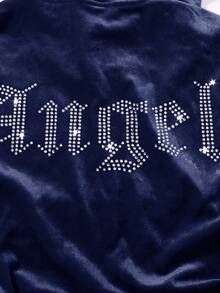 SHEIN Bộ đồ 2 món giản dị thanh lịch dành cho bé gái tuổi mới lớn, áo hoodie nhung đính đá Rhinestone có khóa kéo và quần ống loe ôm - Màu xanh hải quân - Xem 7