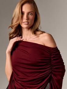 AiiRZ Off Shoulder Draped Top With Elegant Ruched Design For Fall Winter Evening Occasions - Burgundy - View 4