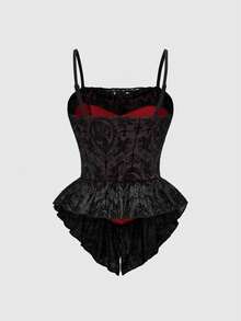 ROMWE Spring/Summer Women's Gothic Romantic Palace Halloween Flocked Contrast Lace Asymmetrical Hem Camisole - Black - View 2