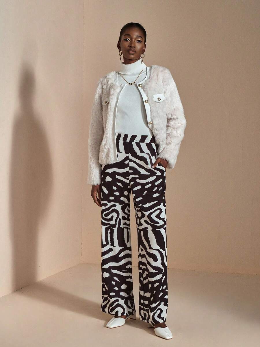 JIAN LASALA 高腰全印花直筒宽松长裤 女装秋季休闲奢华时尚服装系列 优雅图案裤 - 彩色 - 查看 1