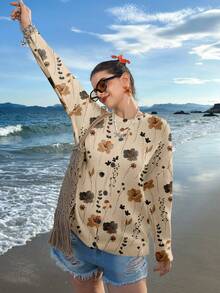 Veykashi Floral Pattern Knitted Plus Size Cardigan Autumn Winter Clothes For Women - Multicolor - View 4