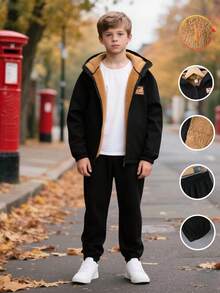 SHEIN 2 件套年轻男孩字母印花连帽夹克和裤子，休闲保暖内衬，秋冬 - 黑色 - 查看 6