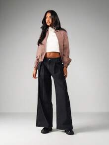 MISSGUIDED 高腰阔腿褶皱牛仔裤深色水洗复古阔腿裤带口袋 - 黑色 - 查看 3