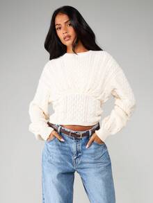 MISSGUIDED كنزة صوفية محبوكة بتفاصيل ربطة خلفية، أكمام طويلة، رقبة طاقم، بلوزة للخريف والشتاء - لون مشمشي - مشاهدة 1