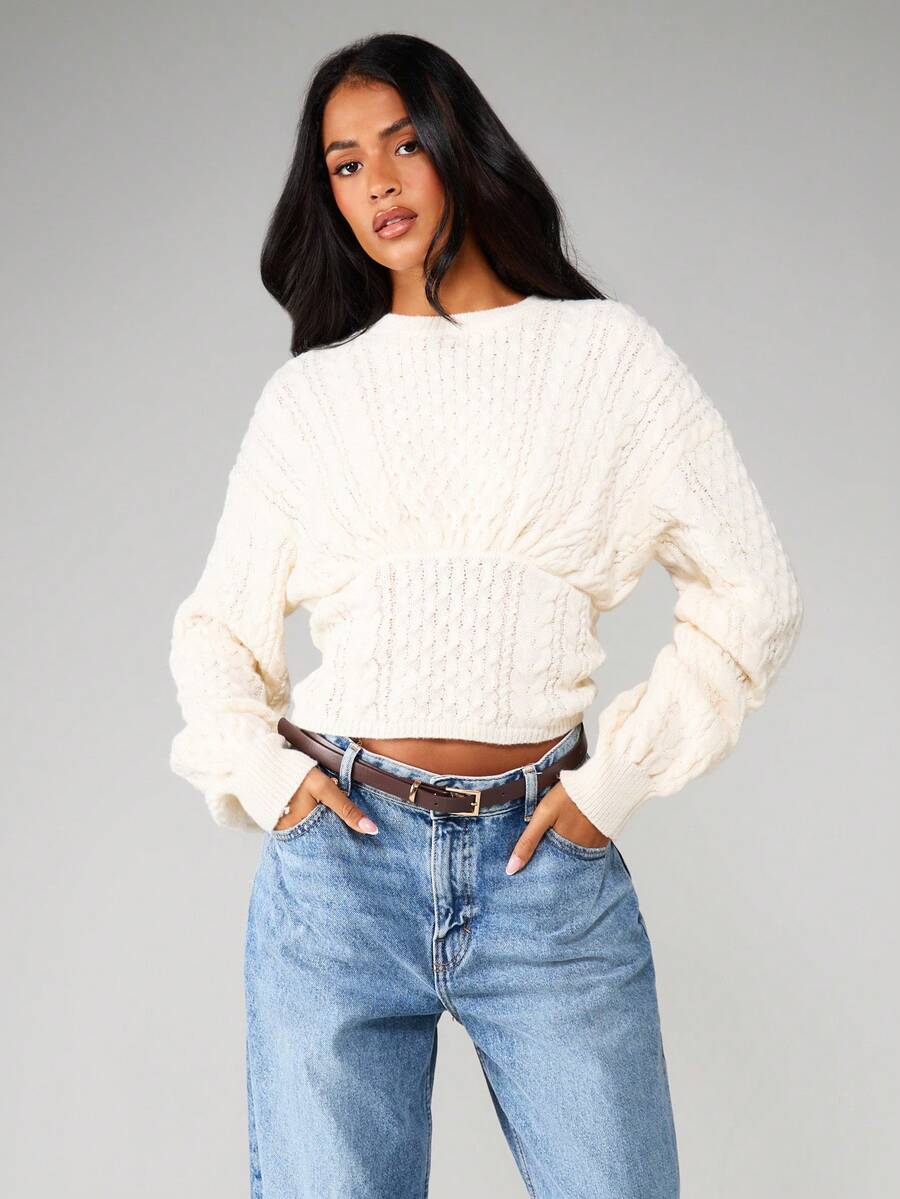 MISSGUIDED كنزة صوفية محبوكة بتفاصيل ربطة خلفية، أكمام طويلة، رقبة طاقم، بلوزة للخريف والشتاء - لون مشمشي - مشاهدة 1