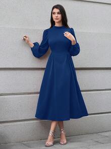 Modelyn 女士纯色灯笼优雅长款系带连衣裙 - 藏蓝色 - 查看 1