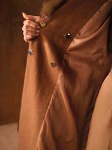 MOTF PREMIUM Abrigo de lana digno con cuello de piel, mangas acampanadas y cintura con lazo para otoño/invierno - Caqui - Ver 10