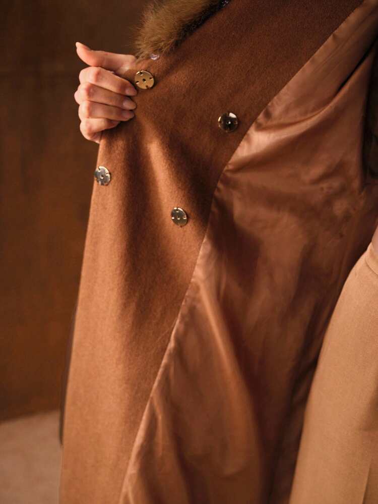 Autumn/Winter Furry Collar Flared Sleeve Tie-Waist Dignified Woolen Coat