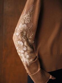 MOTF PREMIUM SEQUIN FLORAL EMBROIDERED TURTLENECK SWEATER, AUTUMN/WINTER - Camel - View 3