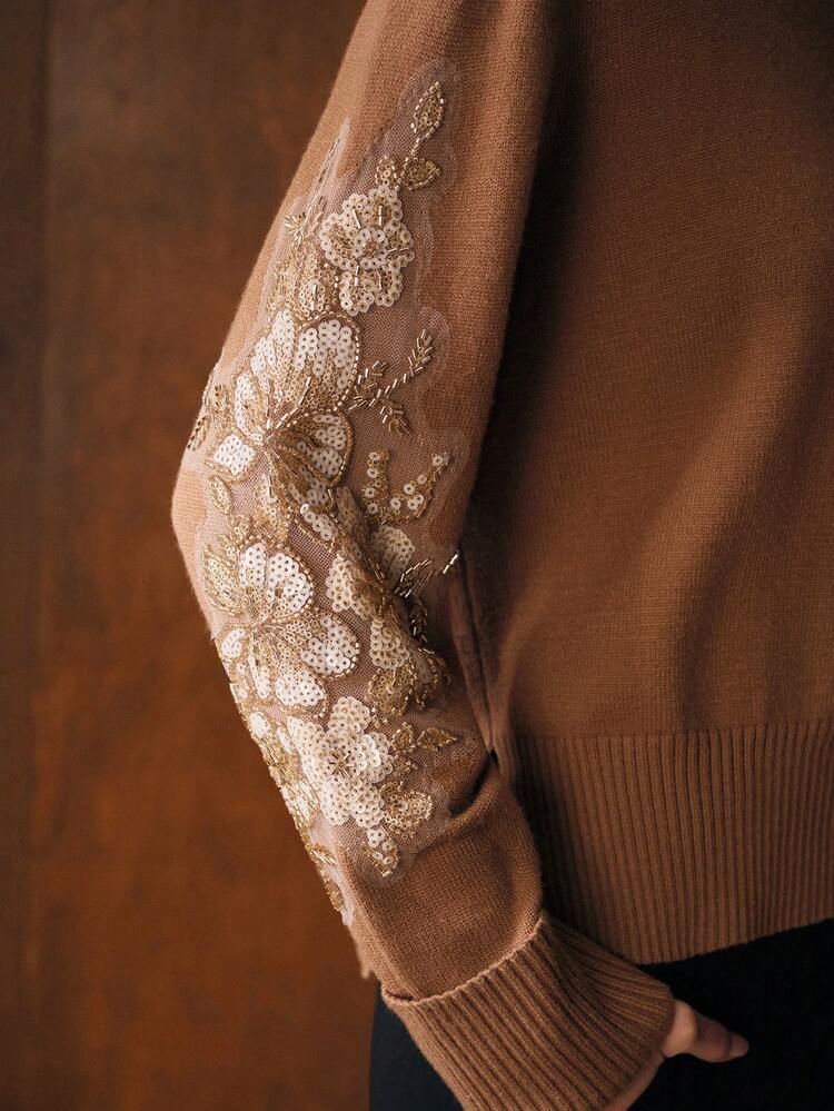 SEQUIN FLORAL EMBROIDERED TURTLENECK SWEATER, AUTUMN/WINTER