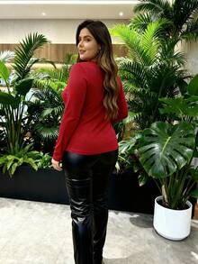 INAWLY Plus Size Fashionable Sexy Chain Criss-Cross Strap T-Shirt Fall - Red - View 2