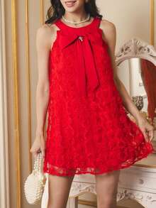 Penseblé Vestido mini sin mangas con decoración de lazo para mujer - Rojo - Ver 6