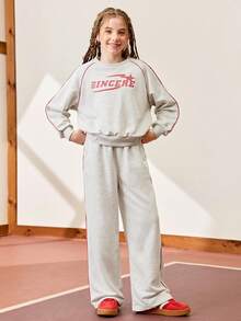 JNSQ Tween-Mädchen 2-teiliges Outfit-Set: Locker sitzendes Sweatshirt-Oberteil mit Rundhalsausschnitt und langen Ärmeln und Grafikdruck, gepaart mit einer entspannten Jogginghose mit geradem Bein, geeignet für den Alltag im Herbst/Winter, Outdoor-Aktivitäten, Urlaub, Streetwear, Partys und Lässig anlässe - Grau - Übersicht 4