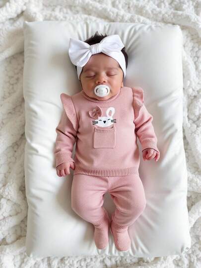 SHEIN 2 Stücke Baby Mädchen Gestrickter Pullover & Hose Set, mit Kaninchen Jacquard Muster, Rüschen Saum Langarm Pullover und einfarbige bequeme Hose, elegant und modisch, geeignet für Herbst/Winter