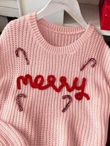 女童聖誕快樂刺繡字母寬鬆可愛校園風圓領針織毛衣，粉紅與紅色秋季家庭套裝休閒穿搭，適合青少年 - 粉色 - 查看 6