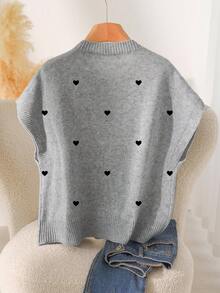 CosyJoli Femmes grande taille Tricot décontracté à col rond avec motif cœur, Automne/Hiver - Gris - Voir 2