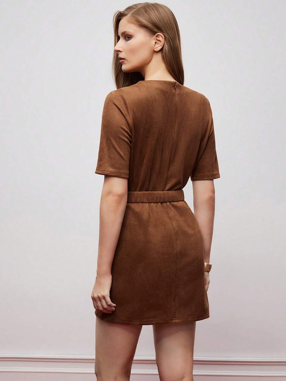 SHEIN Maija Women's Fashionable Solid Color Round Neck Short Sleeve Mini Dress