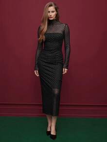 Maija Women's Minimalist Printed Sheer Long Sleeve Dress,Wedding Guest Dress Women,Party Dresses For Women,Christmas Party Dress - Black - View 3