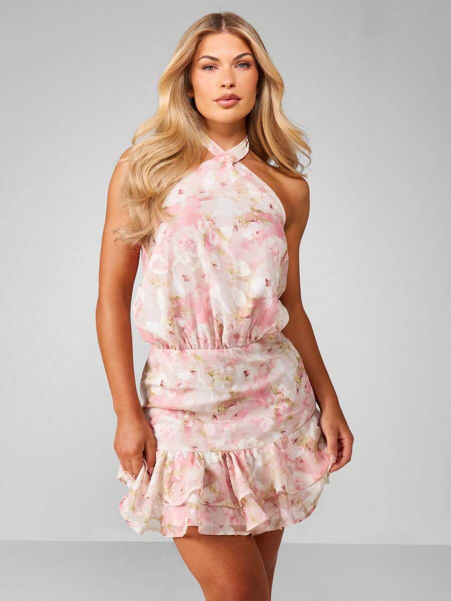 MISSGUIDED 适合春夏季节的露背雪纺迷你连衣裙,带有花卉印花和荷叶边下摆 - 粉色 - 查看 1