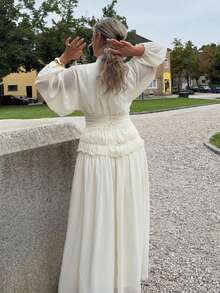 Jeta Ari Waist Cinching Lantern Sleeve Midi Dress Maxi Women Outfit - Apricot - View 2