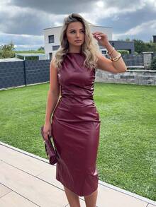 Jeta Ari Váy da màu đỏ tía thời trang thu đông cho nữ, váy ngắn không tay bằng da PU nhún nhún, cổ tròn màu trơn, dài vừa phải, thích hợp cho tiệc tùng, công sở, ngoài trời, váy lót hoặc mặc riêng, váy cocktail thích hợp để đi chơi và dự tiệc, váy Giáng sinh - Màu Hoa hồng đỏ - Xem 5