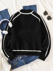 Teen Girl Turtleneck Striped Sweater, Black & White, Long Sleeve, Loose Fit, Casual, Comfortable Knit Top - Black and White - View 2