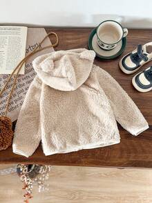 SHEIN Baby Boy Toddler Newborn 0-3 Years Cute Casual Daily Versatile Teddy Bear Embroidered Fleece Hooded Jacket - Beige - View 2