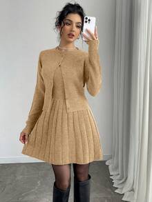 Selianne 2件套女士灰色毛衣裙和开衫套装，秋季 - 卡其色 - 查看 3