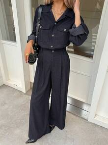 DAZY 女士街头风时尚长袖纽扣连体裤 - 藍色 - 查看 1