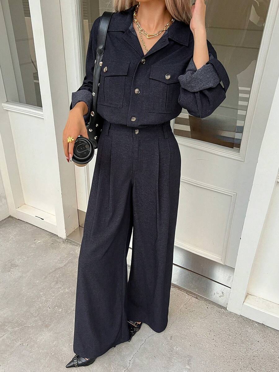 DAZY 女士街头风时尚长袖纽扣连体裤 - 藍色 - 查看 1