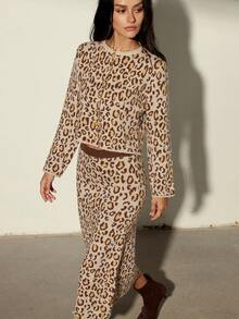 Aveloria Modichic Vintage Leopard Print Cardigan With Skirt 2 Pieces Knit Set - Multicolor - View 1