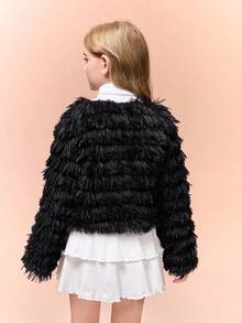 Tween Girls Black Loose Fit Short Coats, Autumn/Winter - Black - View 2