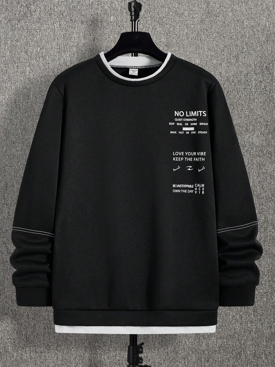 SHEIN 青少年男孩拼色字母图案圆领运动衫,休闲学院风,舒适百搭,适合日常穿着、上学、户外活动、秋冬季 - 黑色 - 查看 1