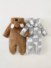 2pcs/Set Newborn Cute Koala Print Embroidered Thick Fleece Long Sleeve Jumpsuit Pajamas, Autumn/Winter - Multicolor - View 2