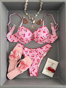 Swim Mod Women's Sweet Floral Ruffle Cherry Print Swimsuit Set For Summer Beach Vacation - Baby Pink - View 2
