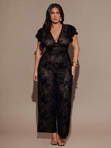 SHEIN BAE 加大码女式优雅大号花卉网眼印花紧身 V 领连衣裙，长款，合身，修饰手臂，适合日常、外出、约会、下午茶、度假、春夏季、返校季女式连体裤优雅女式正式、女式生日连体裤、连体裤 - 黑色 - 查看 1