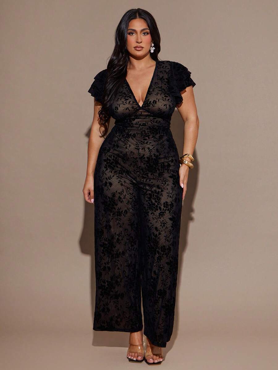 SHEIN BAE 加大码女式优雅大号花卉网眼印花紧身 V 领连衣裙，长款，合身，修饰手臂，适合日常、外出、约会、下午茶、度假、春夏季、返校季女式连体裤优雅女式正式、女式生日连体裤、连体裤 - 黑色 - 查看 1