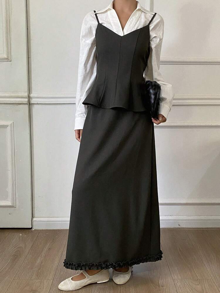 2pcs Women Solid Color Fitted Waist Flared Hem Spaghetti Strap Straight Skirt With Ruffle Hem Maxi Dress, Elegant Autumn/Winter Set