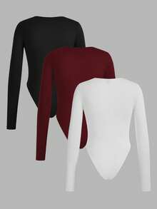 SHEIN EZwear 3 件套纯色百搭户外和室内撞色女式长袖紧身衣，适合春秋季节 - 彩色 - 查看 2